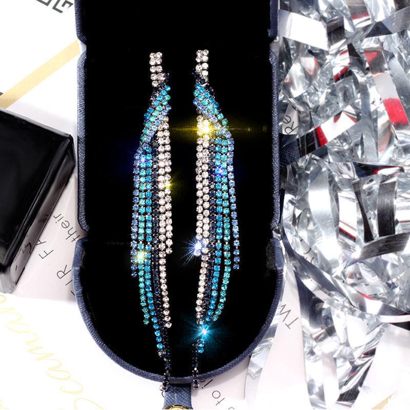 S925 Silver Needle Rhinestone Tassel Earrings - Exquisite Long Claw Chain with Colored Diamonds, European & American Style