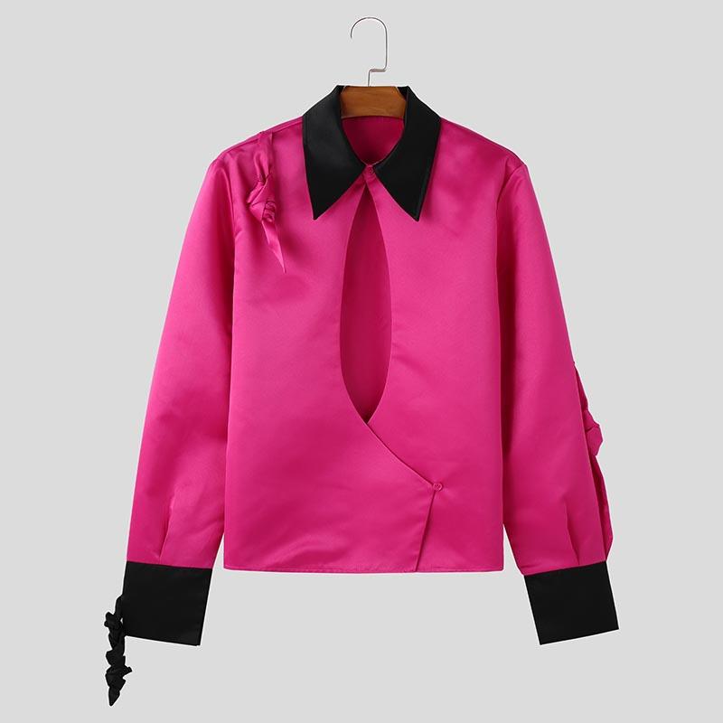 INCERUN Men Lapel Neck Long Sleeve Satin Shirts Solid Color Bandage Hollow Front Cross Tops