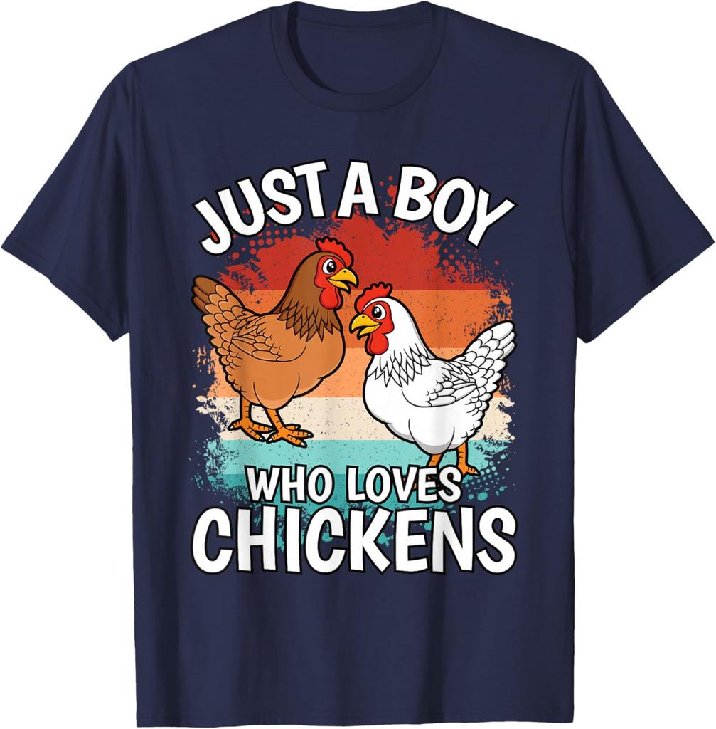 Just A Boy Who Loves Chickens Graphic Tee Retro Style Casual Cotton Short Sleeve T-Shirt for Men