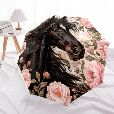 Horse Utomatic Folding Umbrella With 8-rib Design Compact Umbrella For Outdoor Leisure And Everyday Umbrella. Perfect Gift For Friends And Family