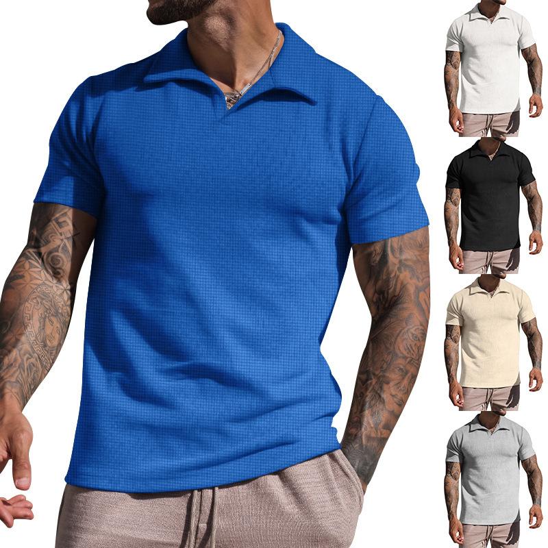 Men's summer lapel T-shirt men's heavy waffle oversize short-sleeved solid color casual V-neck Polo shirt