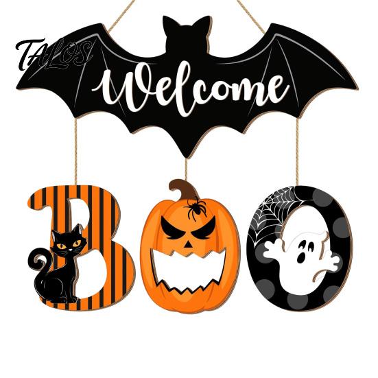 Wall Hanging Party Decoration Halloween BOO Door Sign, Spooky Bat Welcome Wooden Ghost Pumpkin Decorative Sign Black Cat Hanger Ornaments for
