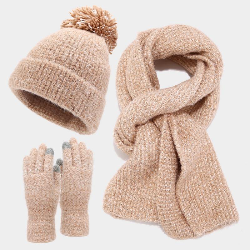 New Two-color Women's Coarse Pattern Big Hairball Hat Set, Thickened Warm In Autumn and Winter, Simple and Cold-proof Three-piece Set