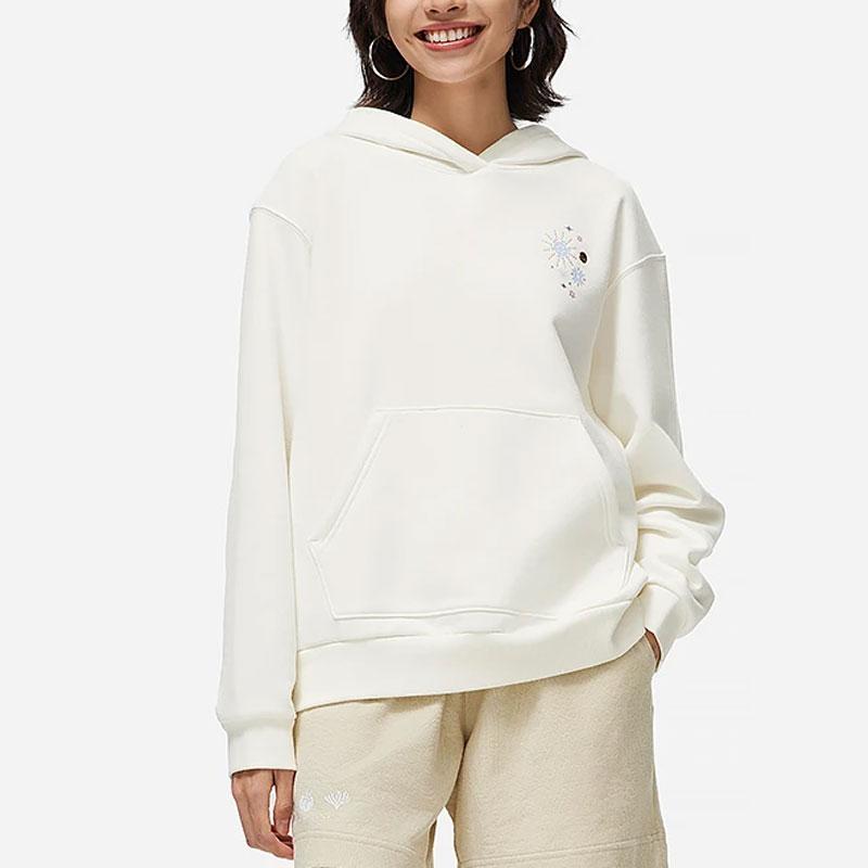 Li Ning Sports Life Collection Patterned Print Fleece Lined Thermal Loose Fit Pullover Hooded Sweatshirt Women's Ecru AWDT820-1