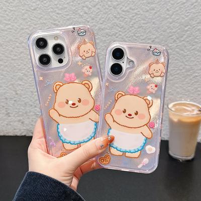 Cartoon Cute Animal Bear Phone Case for iPhone 16 13 14 15 Pro Max Laser IMD Color Shell