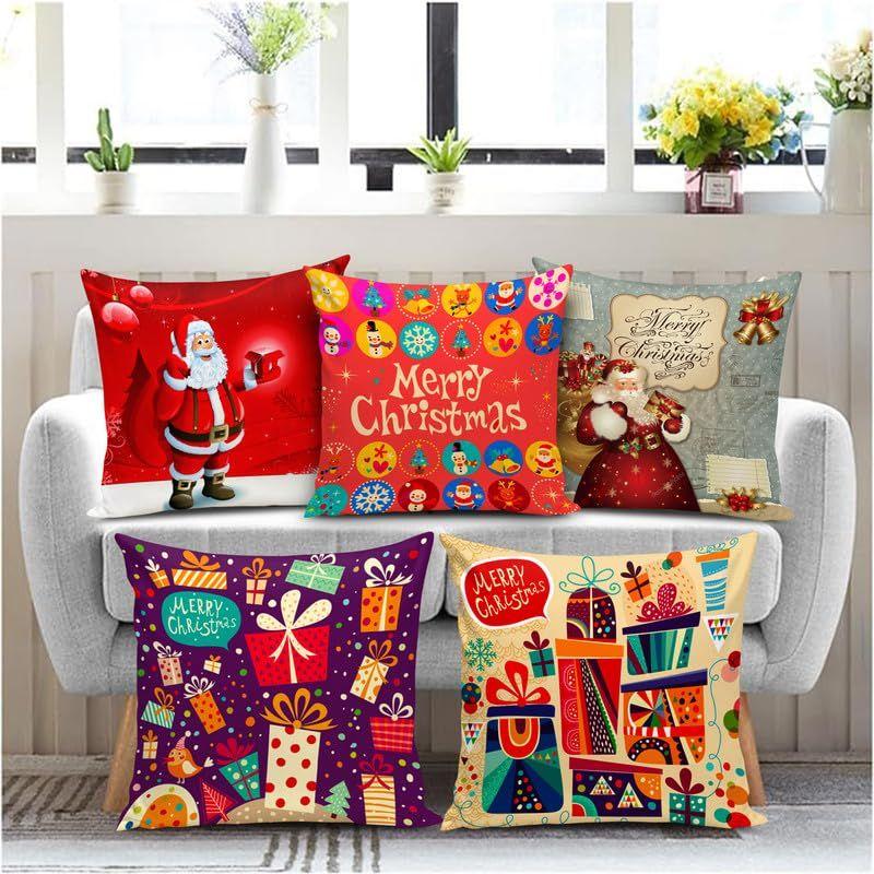 Soft Fabric Designer Decorative Printed Merry Christmas Theme Cushion Cover Xmas Decorations for Sofa Living Room Set of 5 12 X 12 Inch Multi