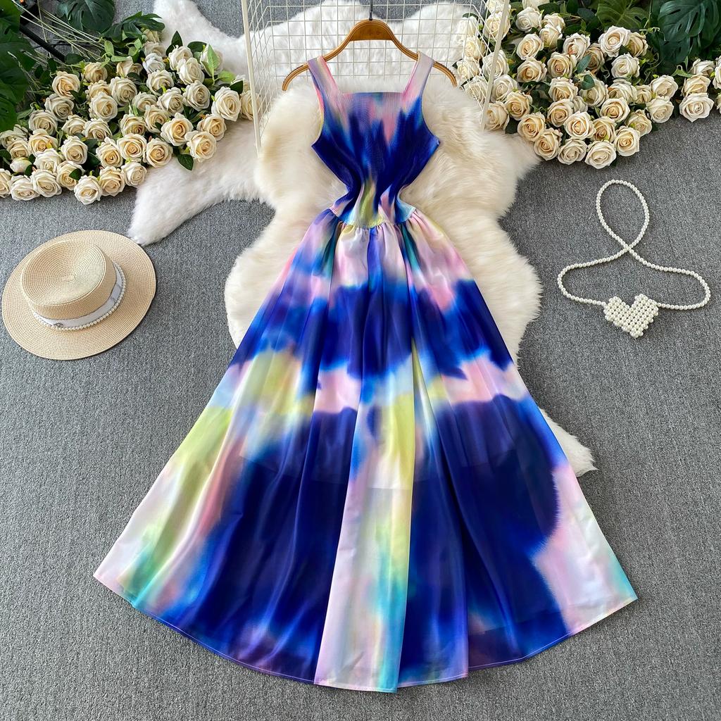 Charming and Elegant Vacation-Style Square-Neck Spaghetti-Strap Dress for Women Summer Dopamine Print A-Line Maxi Dress