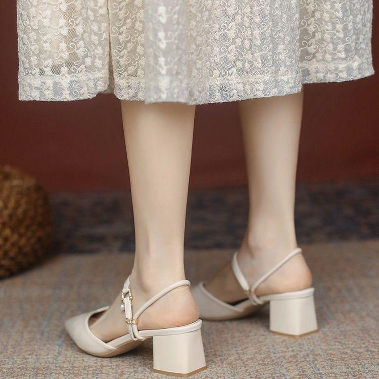 Soft Leather Half Slippers for Women, Pointed Toe Sandals for Women's Outdoor Wear, Thick Heels for Women's Middle Wear, and Two Pairs of Slippers