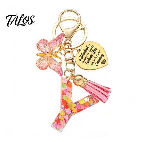 Talos Keychain Pendant, Sequins Initial Letter Charm Key Chain with Butterfly Tassel Stainless Steel Heart Design, A-Z Holder for Bag Purse Backpack