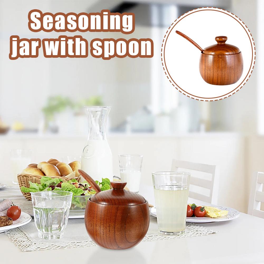 Wooden Spice Container Seasoning Jar With Spoon Jujube Wood Sugar Salt Canister Airtight Lid Kitchen Storage Bowl Home Decor