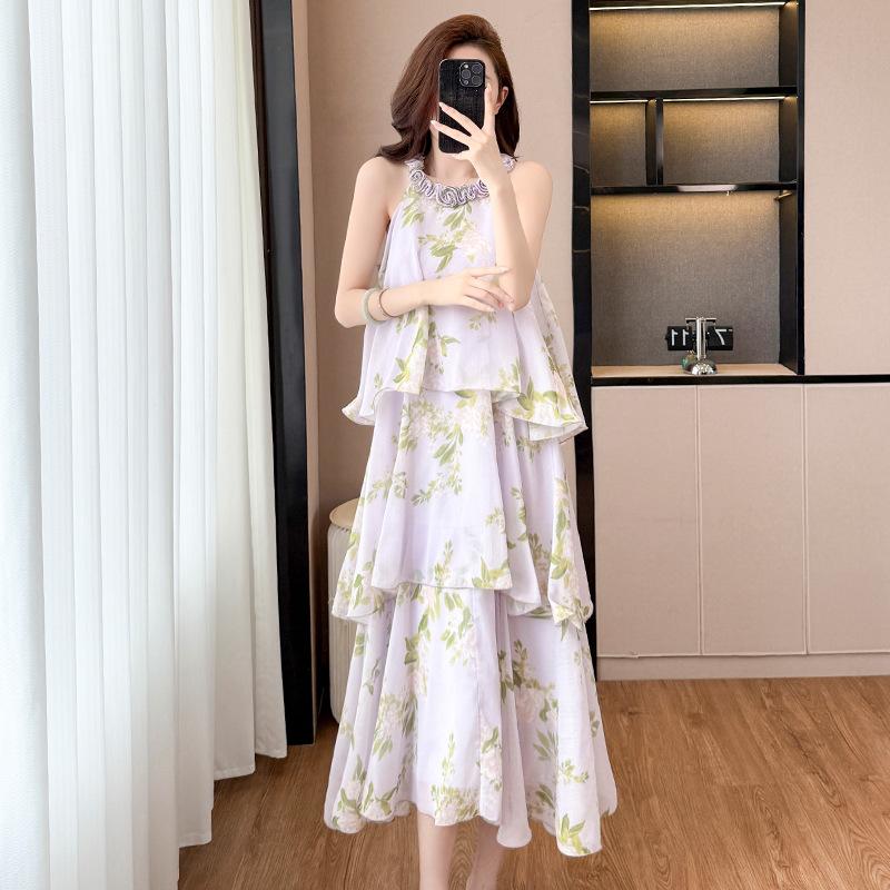 French purple floral neck cake skirt women's summer vacation style design sense niche medium and long sleeveless dress