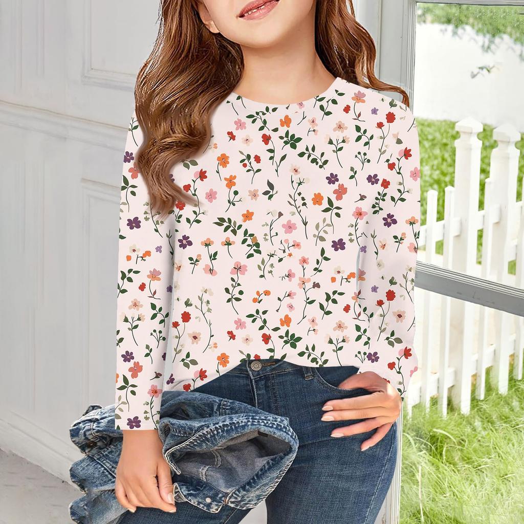 Dívčí trička s dlouhým rukávem Dětské podzimní topy Kulatý výstřih Potištěná základní trička 5-14L