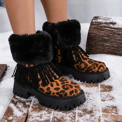 Ladies Ankle Boots 2024 Fashion Winter Leopard Suede Side Zipper Shoes for Women Plush Thick Heel Vintage Short Snow Boots