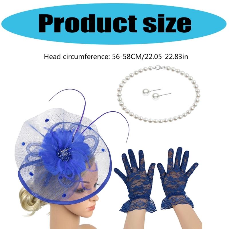 French Fascinator Hat with Necklace Gloves Ear Studs Costume Set For Horse Racing Event and Halloween Party Dressingup