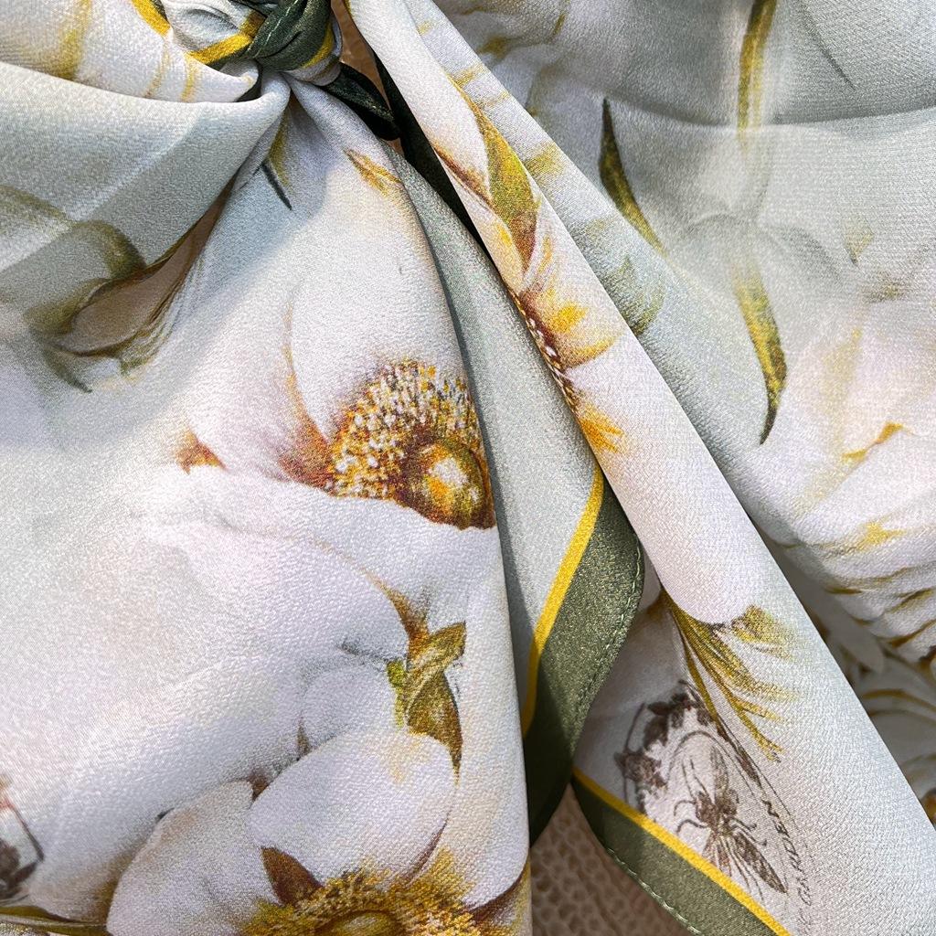Fresh Magnolia Mint Silk Double Crepe Mulberry Silk Silk Scarf Women'S Spring Summer Versatile Small Long Scarf Shawl