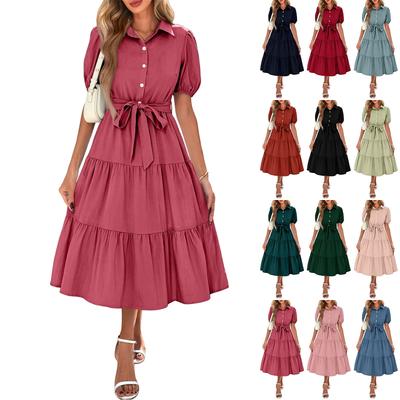 Womens Summer Color Short Sleeve Button Tie Waist Boho Flowy Tiered Maxi Sundress
