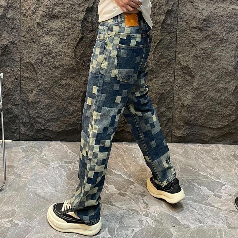 JYL Men's Checkered Jeans Autumn High-Street Straight Loose Wide-Leg Denim Pants