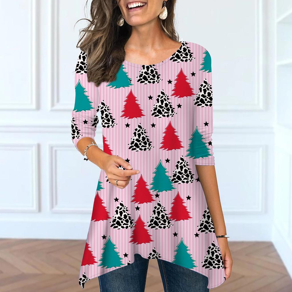 Damen Frühling Rundhals Bunt Weihnachtsbaum Print Oberteile Mode Langarm Unregelmäßiger Saum T-Shirt Oberteile
