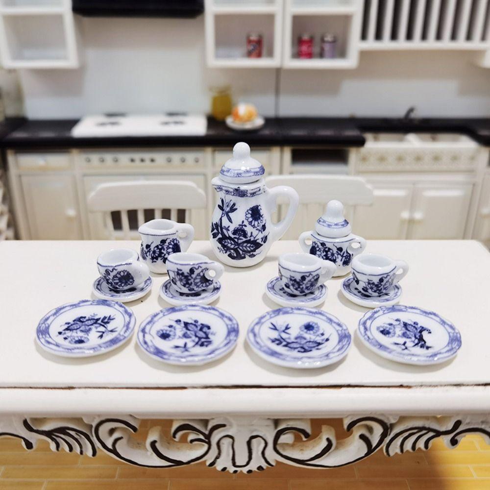15Pcs Doll House Tableware Kitchen Dollhouse Teapot 1:12 Miniature Porcelain Tea Cup Set Dollhouse