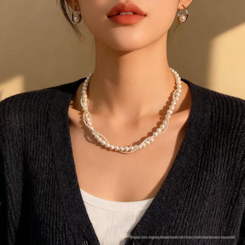 Double-Layer Imitation Pearl Necklace & S925 Silver Earrings Women's Set