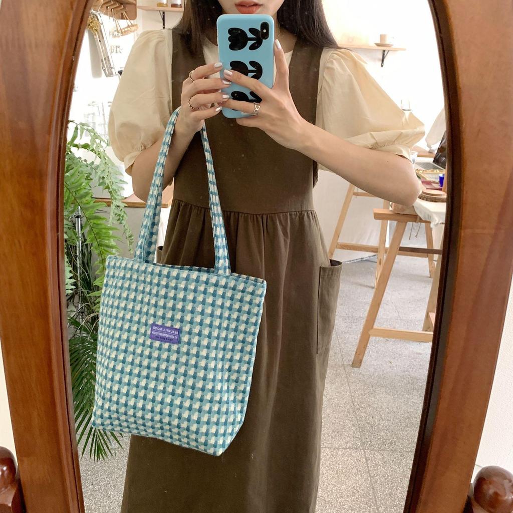 Women Woolen Vintage Plaid Shoulder Bag Versatile Canvas Student Large Capacity Handbag
