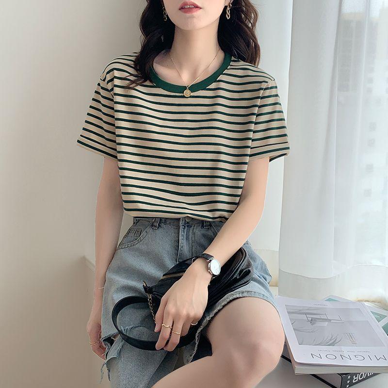 Women's Crew Neck Short Sleeve T-Shirt Loose Striped Print Commuter Style Summer Casual Top