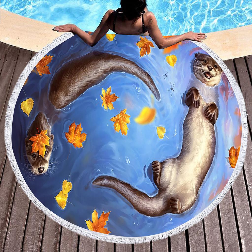 Seeotter Rundes Strandtuch mit Quasten Mikrofaser Saugfähig Schnelltrocknend Sandfrei Picknickdecke Meditationsmatte Schwimmbadhandtuch
