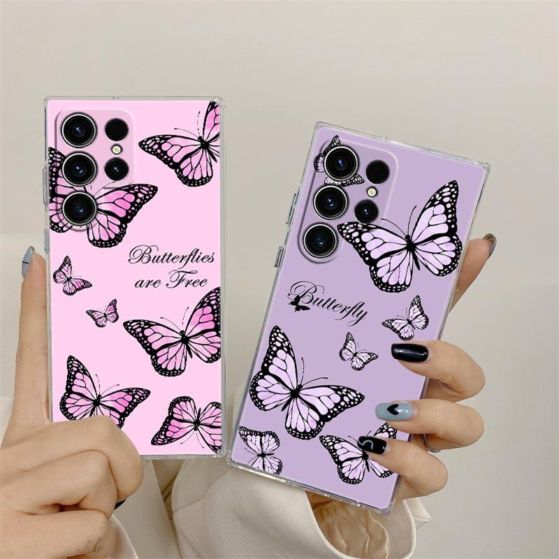 Pink Butterfly S25Ultra Clear Case For Samsung Galaxy S25 S24 S23 Ultra S20 S21 FE S22 Plus A56 A55 A36 A26 5G Soft Phone Cover