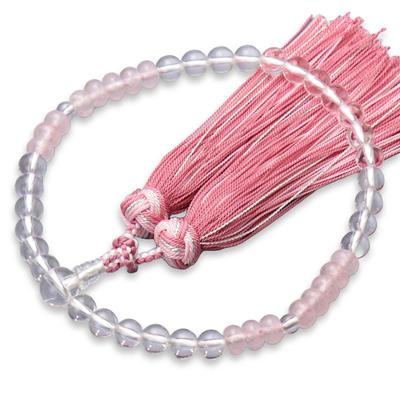 Women's Buddhist Prayer Beads, Kyoto Style, Crystal and Rose Quartz, Silver Flower Tassel, Suitable for All Sects, Informal Funerals, Buddhist Altar