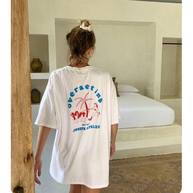 Niche Style American Ins Retro Vacation Style Illustration Pure Cotton Loose Short Sleeve Shoulder T-shirt for Women