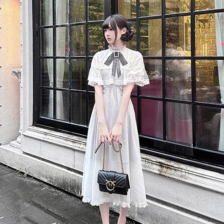 Japanese Dress Short Sleeve Women's Cape Mesh Big Bow Lace Temperament Splicing Long Dress