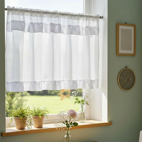 Sheer Window Valance, Short Curtain with Rod Pocket, Light Filtering Valance Curtain for Basement Kitchen Bedroom Window Cabinet