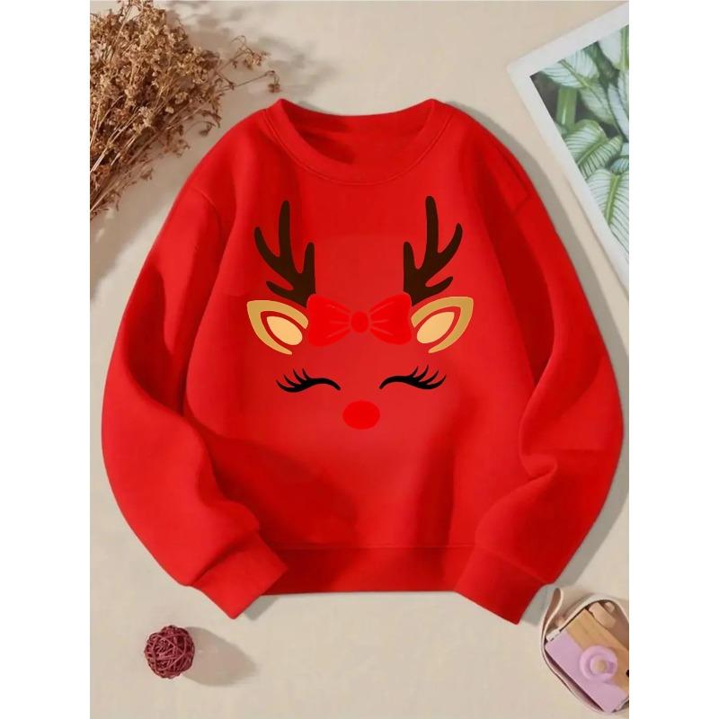 European Sizes Reindeer Face Bow Red Nose Kids' Hoodie, Round Neck Hoodie, Long Sleeved , Casual Multi Colored