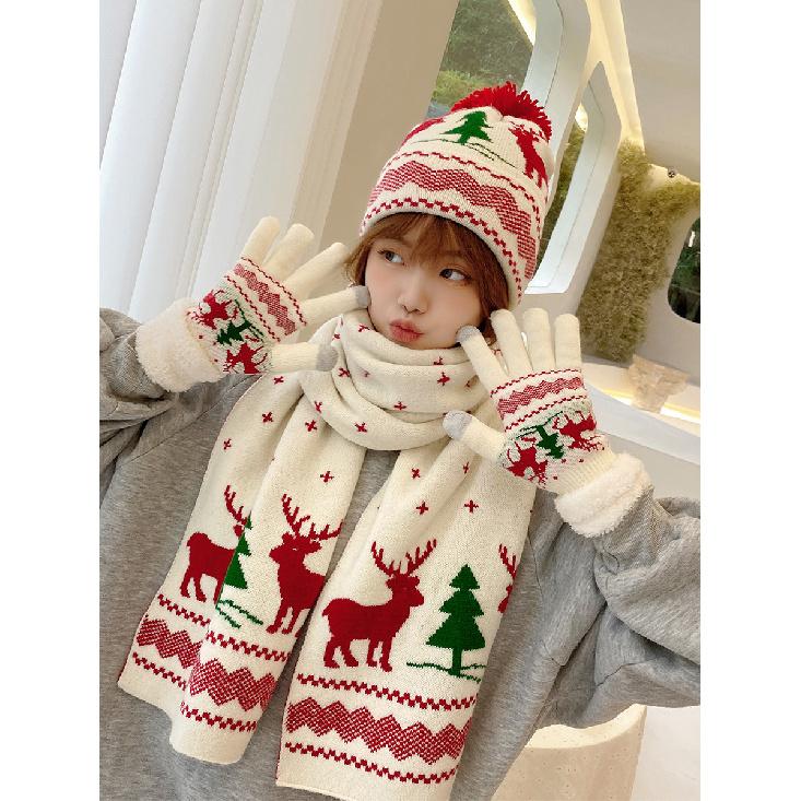 Korean-style student autumn and winter women's knitted hat, scarf, and touchscreen gloves three-piece set, warm Christmas new hat