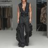 Men Outfits Sleeveless Buttons Shirts Ruffled Hem Long Pants Casual Sets