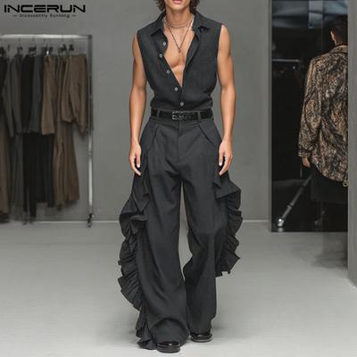 Men Outfits Sleeveless Buttons Shirts Ruffled Hem Long Pants Casual Sets