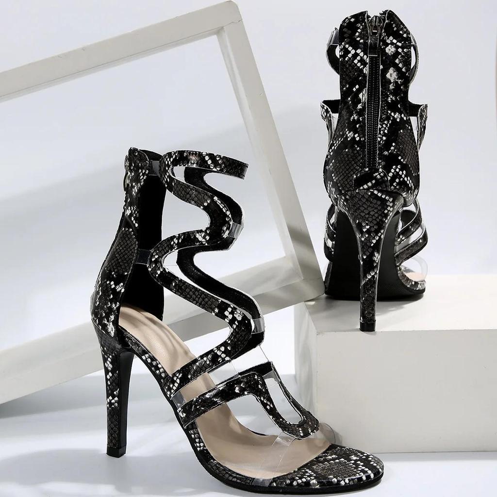 Sandale de modă cu toc înalt pentru femei, 2024, cu imprimeu de șarpe, cu bretele încrucișate, sandale sexy de femeie, de modă, cu dimensiuni mari, Sapatos Feminino Talon Femme