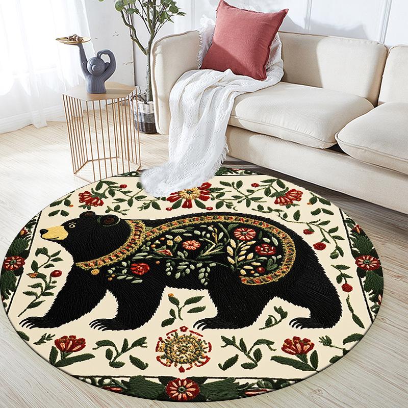 Flower Border Animals,Round Area Rug,Carpet Rug for Living Room Bedroom Sofa Playroom Decor,Non-slip Floor Mat