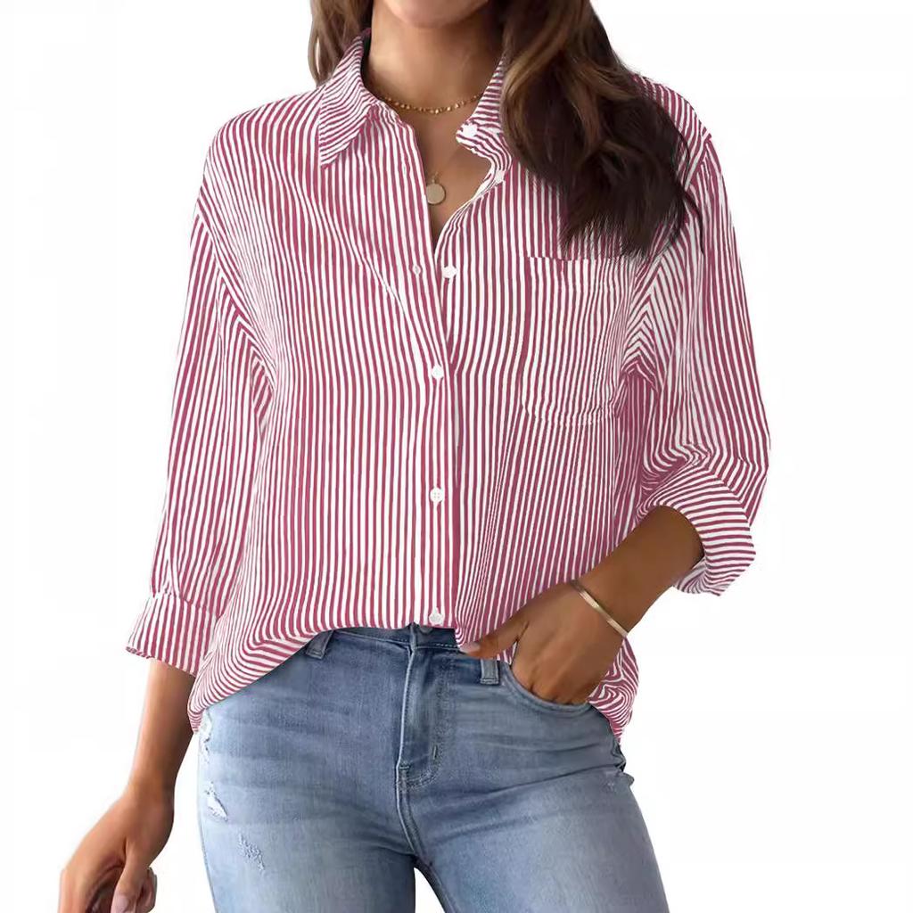 Womens Button Down Shirts Striped Classic Long Sleeve Collared Office Work Blouses Tops with Pocket