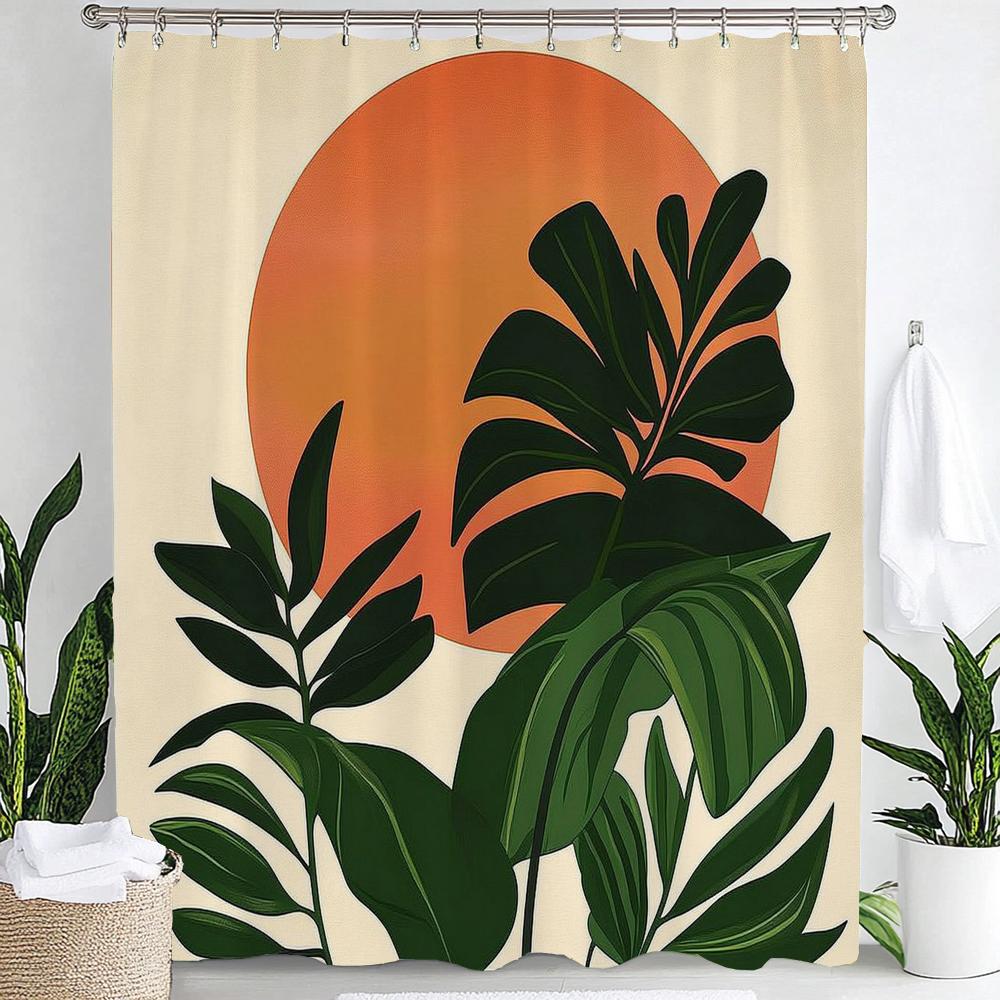 1Pc Abstract Tropical Leaf Printed Waterproof Shower Curtain With 12 Hooks, Bathroom Divider, Bathroom Decor Window Curtain