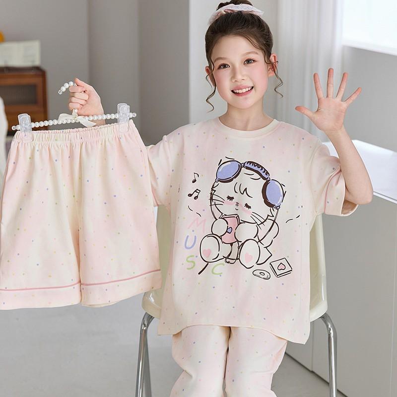 Girls Cotton Pajama Set Short Sleeve Long Pants Cartoon Print Sleepwear Kids Home Wear