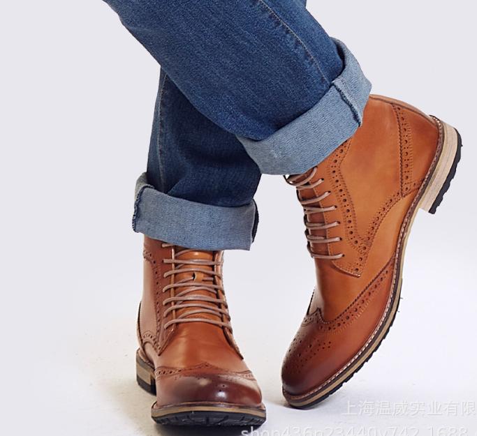 Men'S Boots New Brogue Genuine Leather Boots Fleece-Lined Shoes Fashion Boots,Warm,Casual, Lace-Up