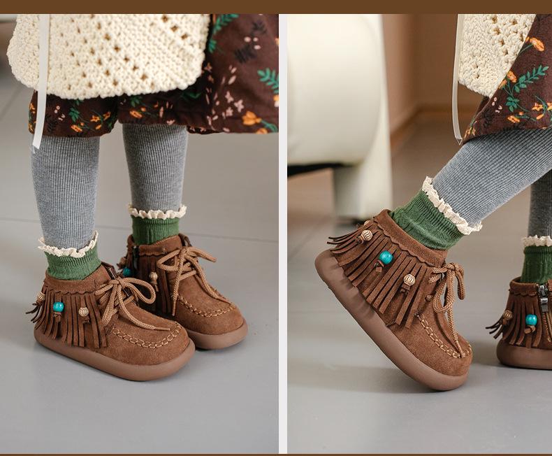 2025 Girls' Retro Style Suede Leather Boots with Beaded Tassel - Autumn/Winter Collection