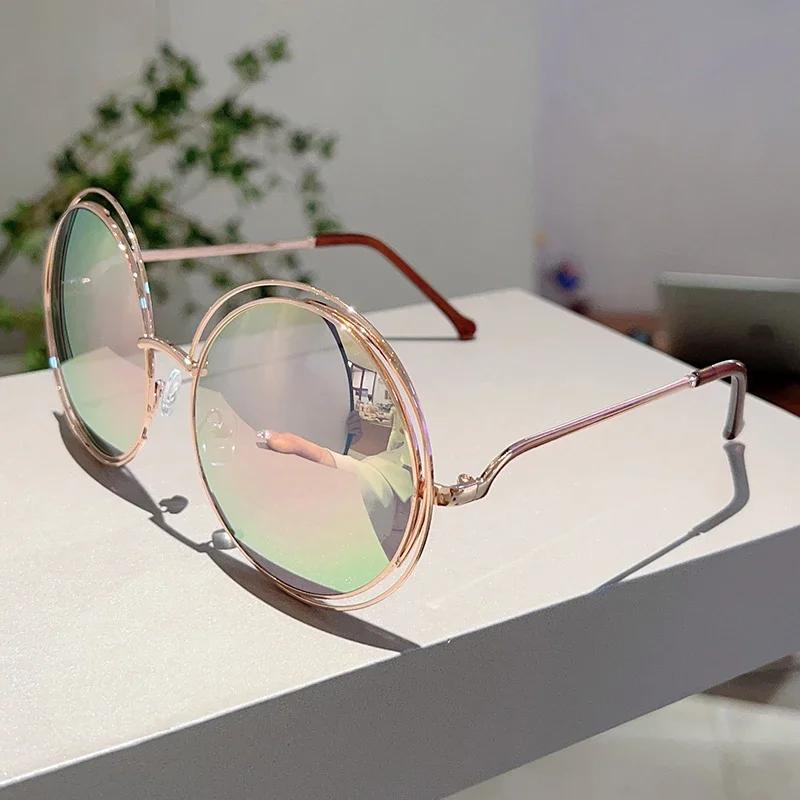 Vintage Round Oversized Sunglasses for Women Brand Designer Gradient Shades Metal Frame Lady Sun Glasses Lentes  Mujer