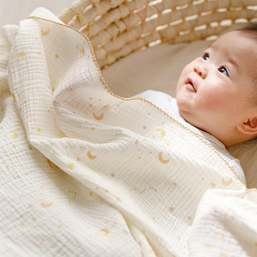 Prifua Amuuni Gauze Swaddle Double Layer 100cm X 100cm Swaddle Gauze Blanket Baby Cotton Moon and Stars 100%