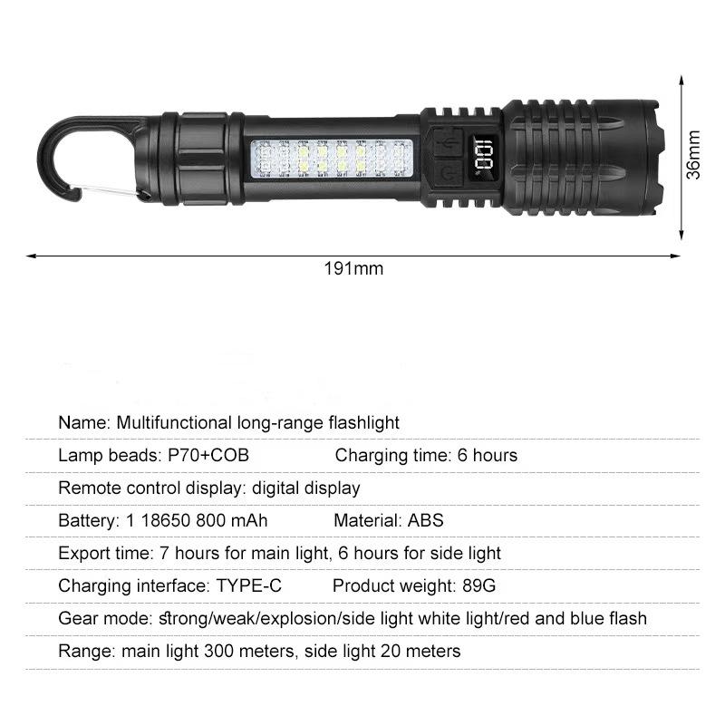 Rechargeable LED Hands-Free Flashlight, Portable Flashlight with Telescopic Zoom and Power Indicator Light, Five Lighting Modes