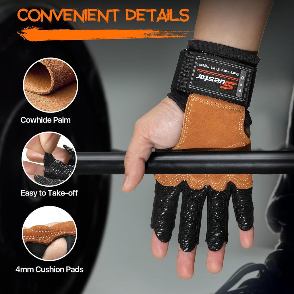 Workout Gloves, Heavy Duty Cowhide Padded Weight Lifting Gloves with Wrist Support, Full Palm Protection & Silicone Grips Gym for Weightlifting