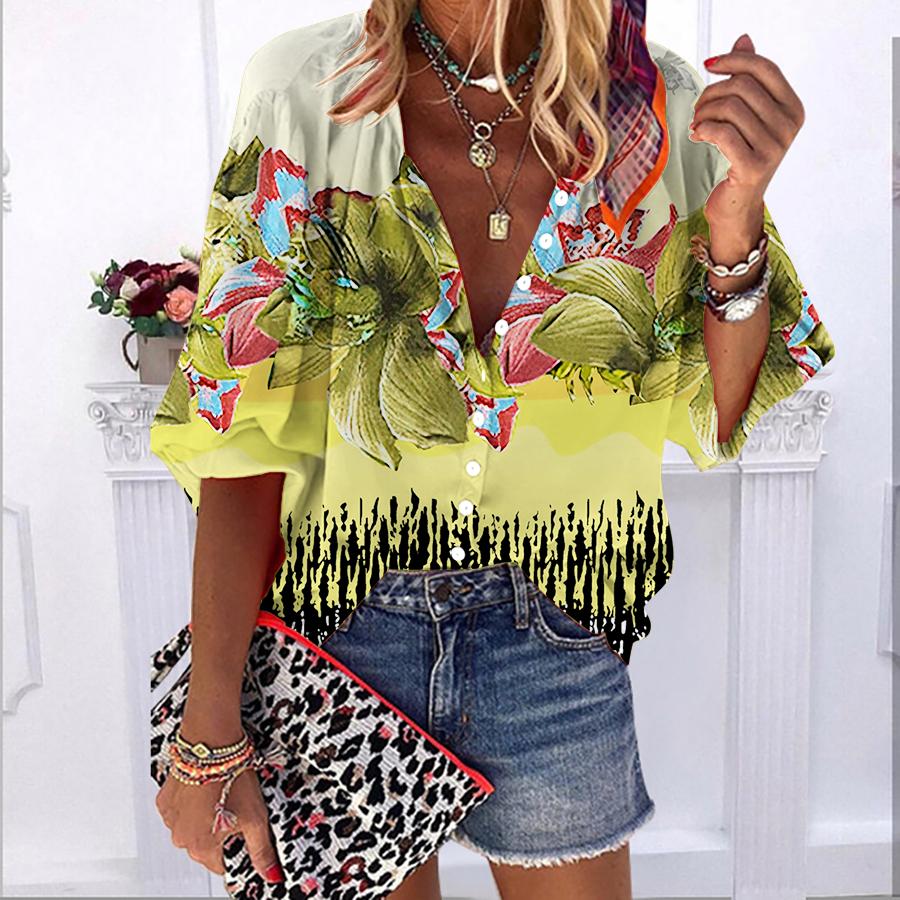 2023 sommer Herbst Neue Mode frauen Tops Schöne Weiße Lotus Blume. Bedrucktes, halblanges, lässiges Button-Down-Hemd in Übergröße mit Ballonärmeln