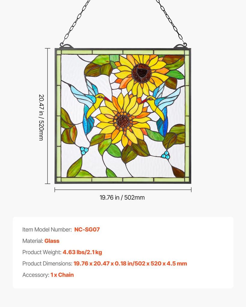Stained Glass Window Panel, 502 X 520 Mm, Tiffany Style Hanging Transom Window Panel with Chain, Large Vertical Rectangle Stain Glass, Vintage