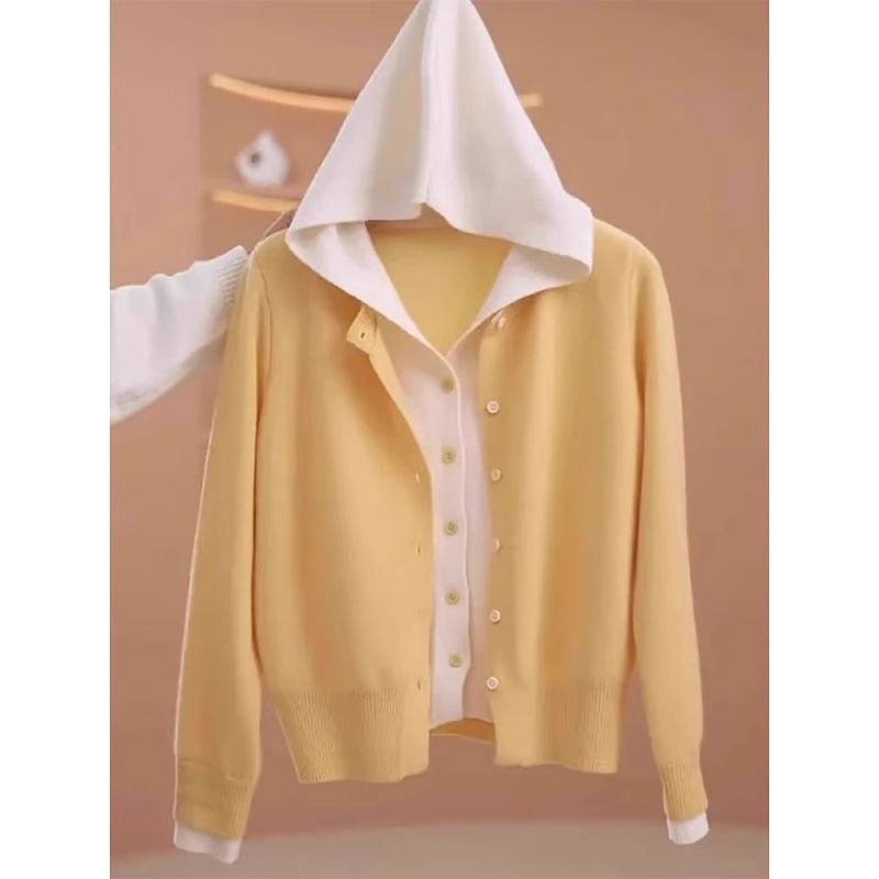 

Hood Fake Two Pieces Knit Women s Spring New Plus size Chubby Girl Sweater Cardigan Design Slimming Long sleeve Top Yellow S